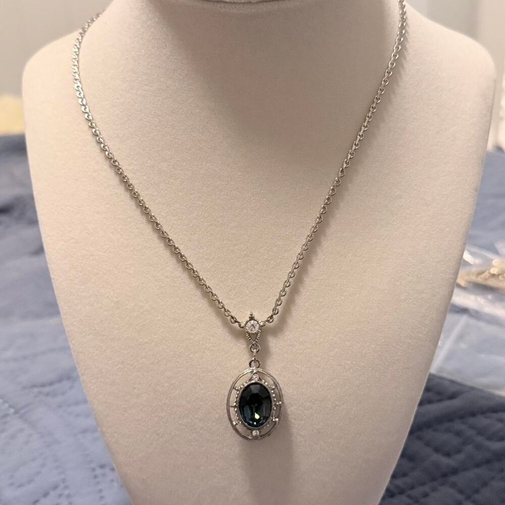 Downton Abbey Collection 1928 Silver Tone Blue Crystal Oval Pendant Necklace